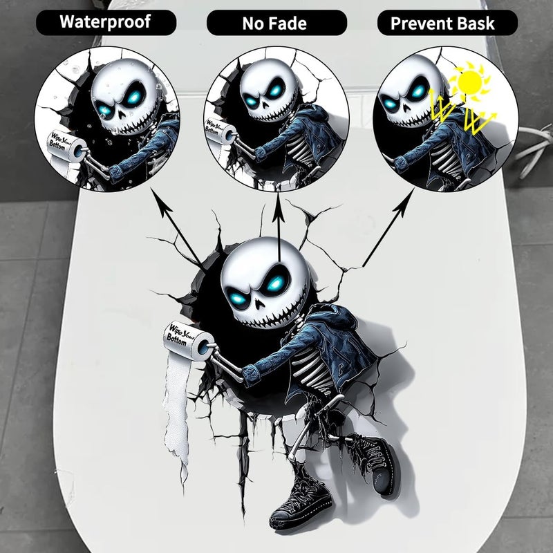 Iprokiu Funny Crack Skull Toilet Decal Self-Adhesive Halloween Decoration Skeleton Toilet Seat Cover Decal Waterproof Cartoon Sticker for Washroom Decoration (Skull) - Image 3